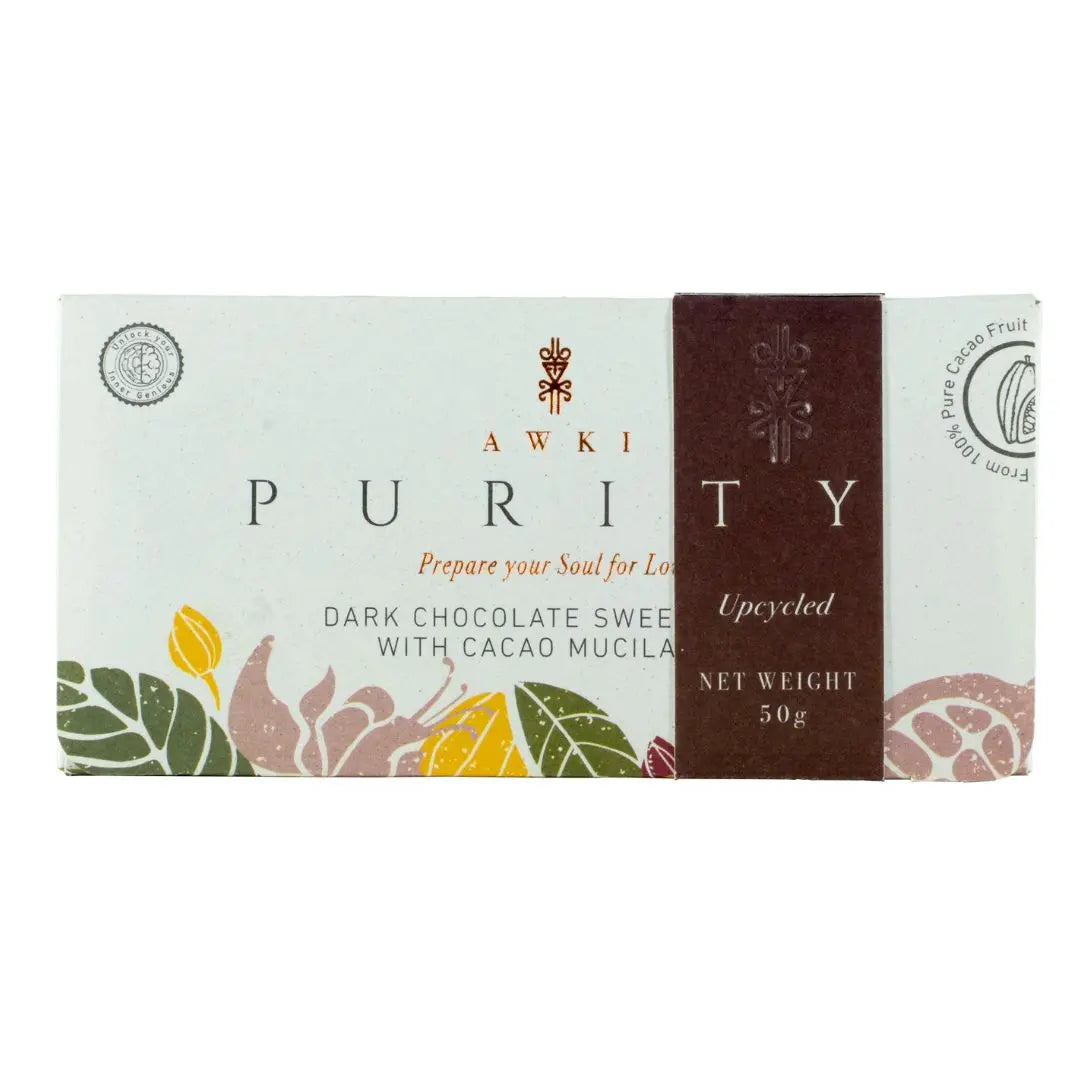 Single Awki Purity Bar made with dark chocolate and cacao mucilage