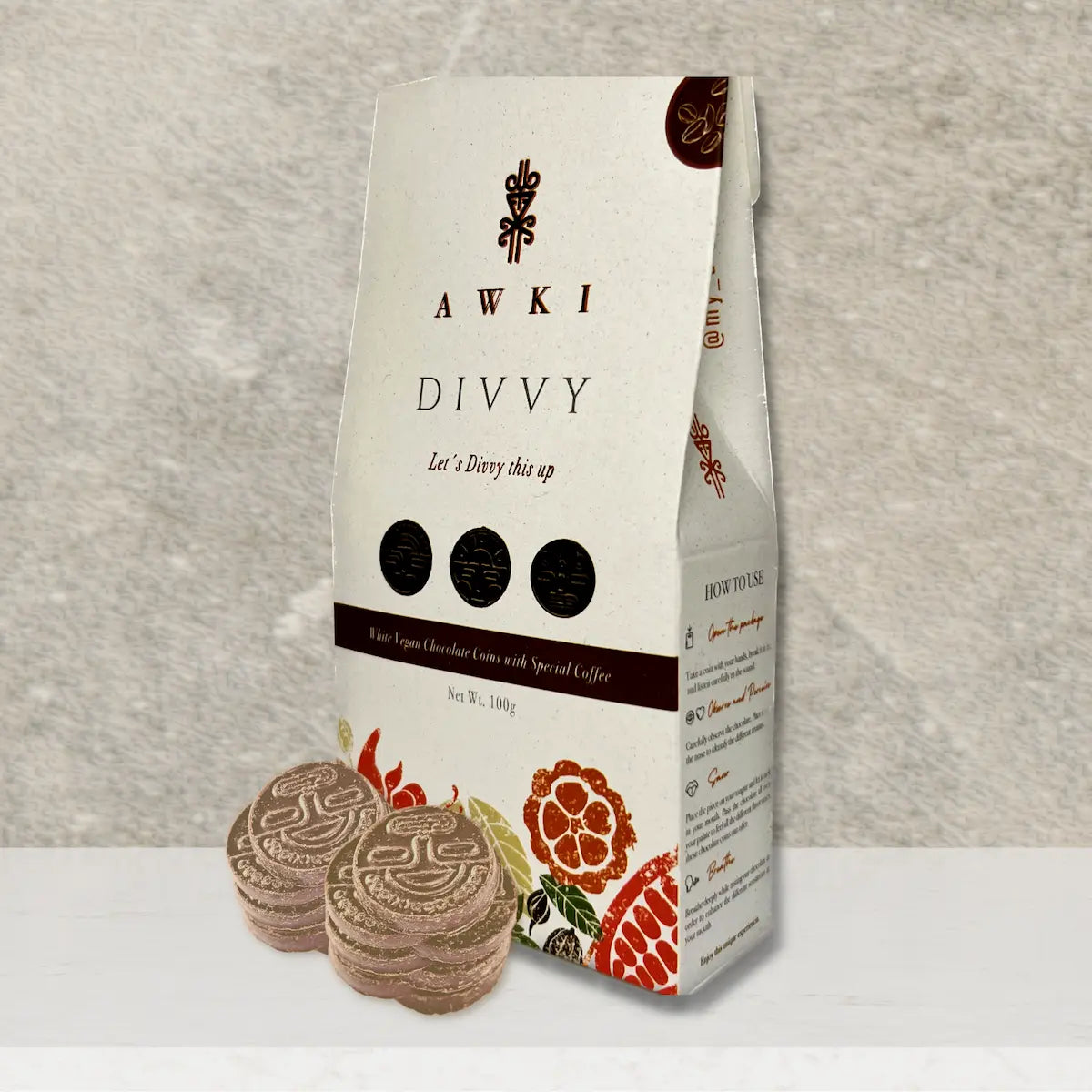 AWKI Divvy white vegan chocolate coins with specialty coffee, 100g pouch