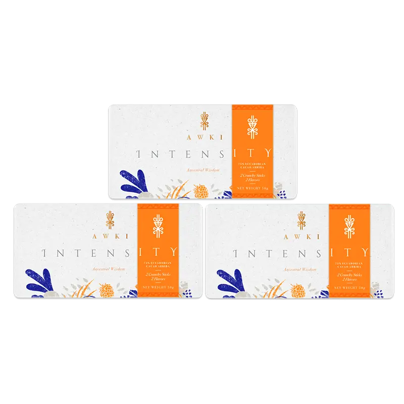 Three-pack of AWKI Intensity chocolate bars with vibrant orange accents, inspired by ancestral wisdom and Ecuadorian cacao.