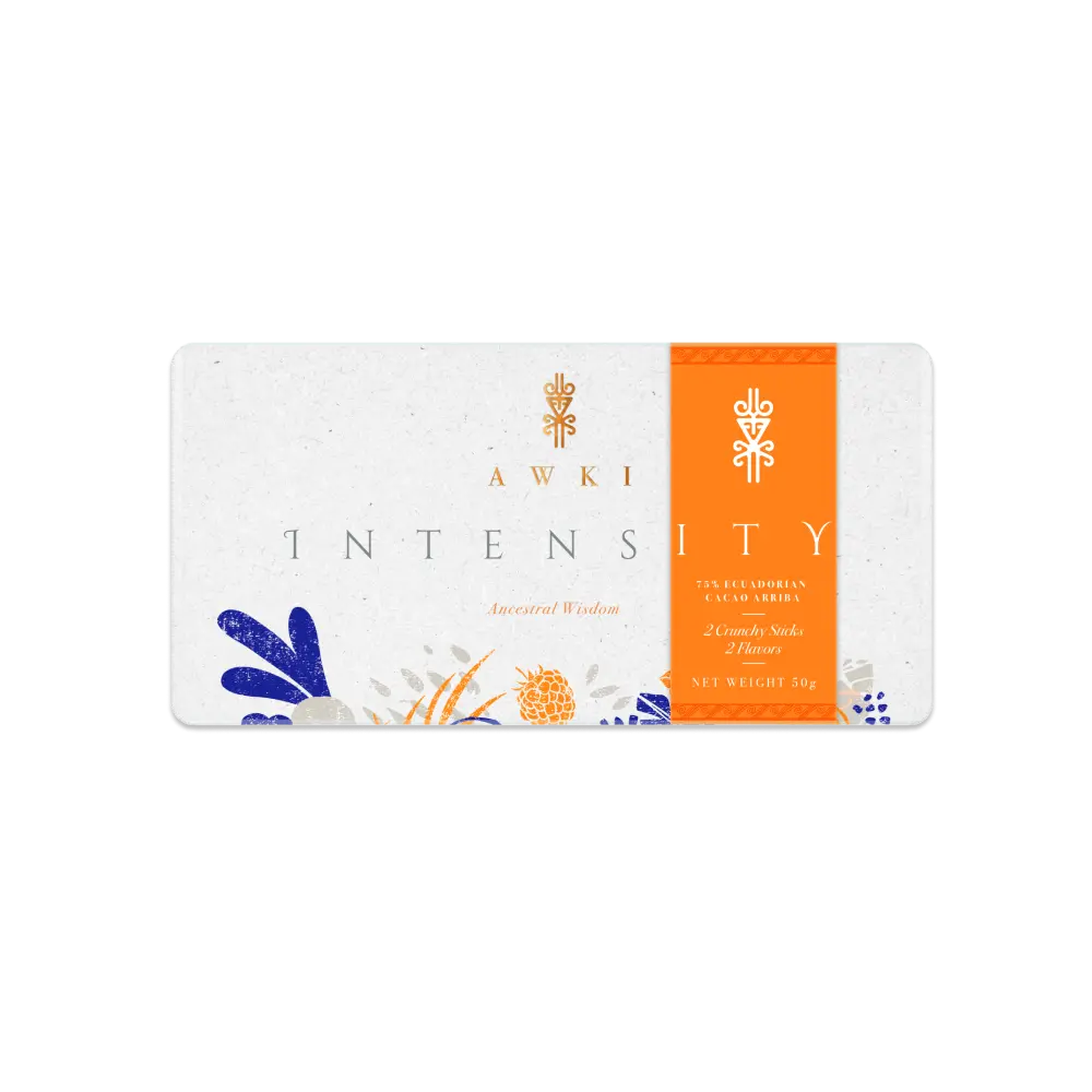 Front view of AWKI Intensity 75% dark chocolate bar with orange label and ancestral wisdom design.