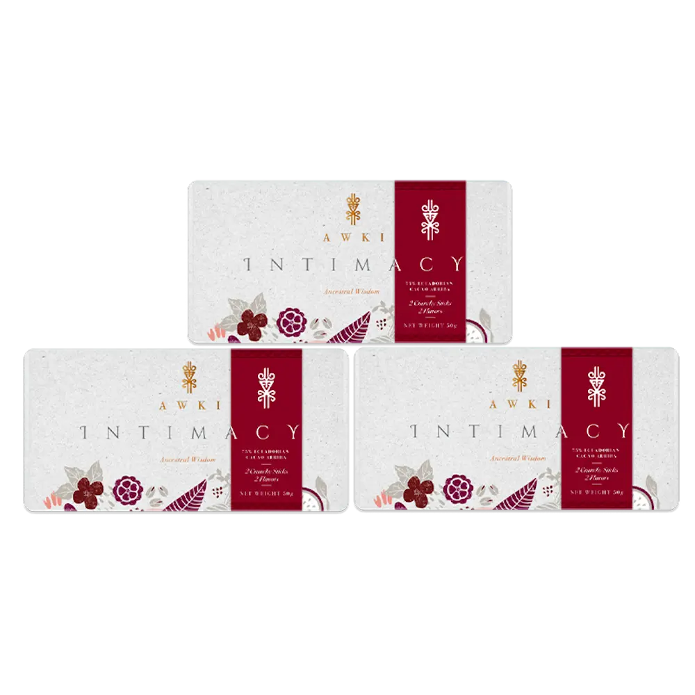 Awki Intimacy 3-pack chocolate bars made with Andean cacao and floral notes, 50g each