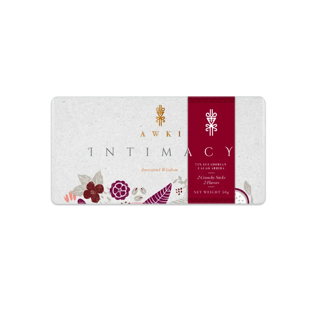 Awki Intimacy dark chocolate bar with floral design and 75% Ecuadorian cacao label