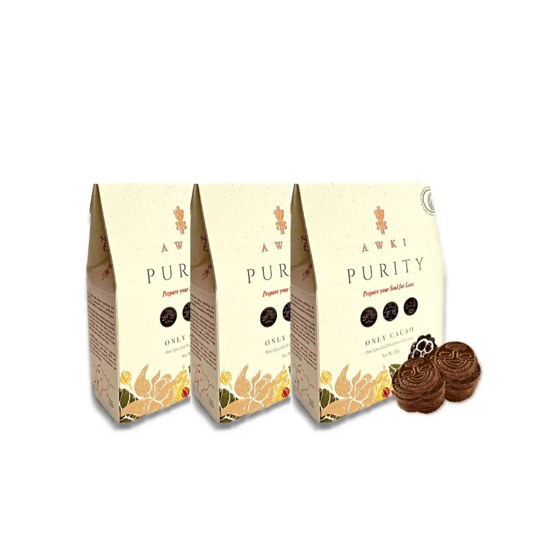 Three-pack of Awki Purity 25g dark chocolate coin bags displayed in a row.
