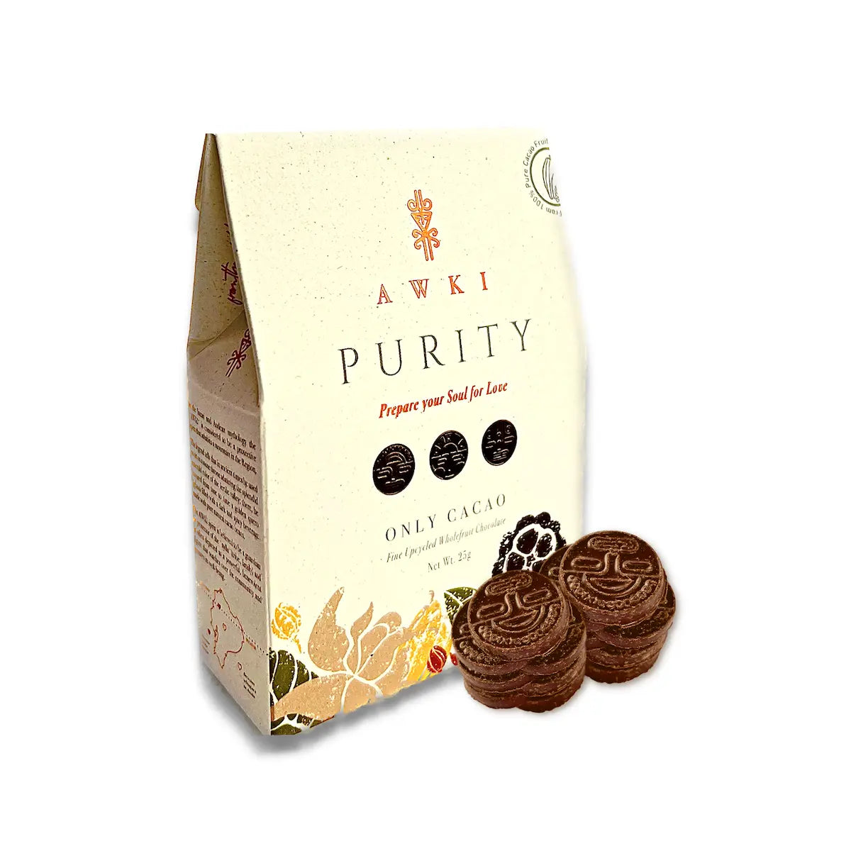 Awki Purity 25g pack of dark chocolate coins with front-facing packaging design.