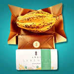 Awki SERENITY chocolate bar shown with cacao fruit and signature golden envelope packaging