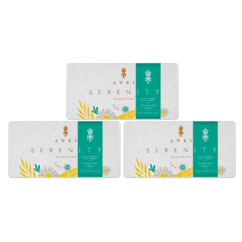 Awki SERENITY chocolate bar 3-pack made with 75% Ecuadorian Cacao Arriba and two flavors