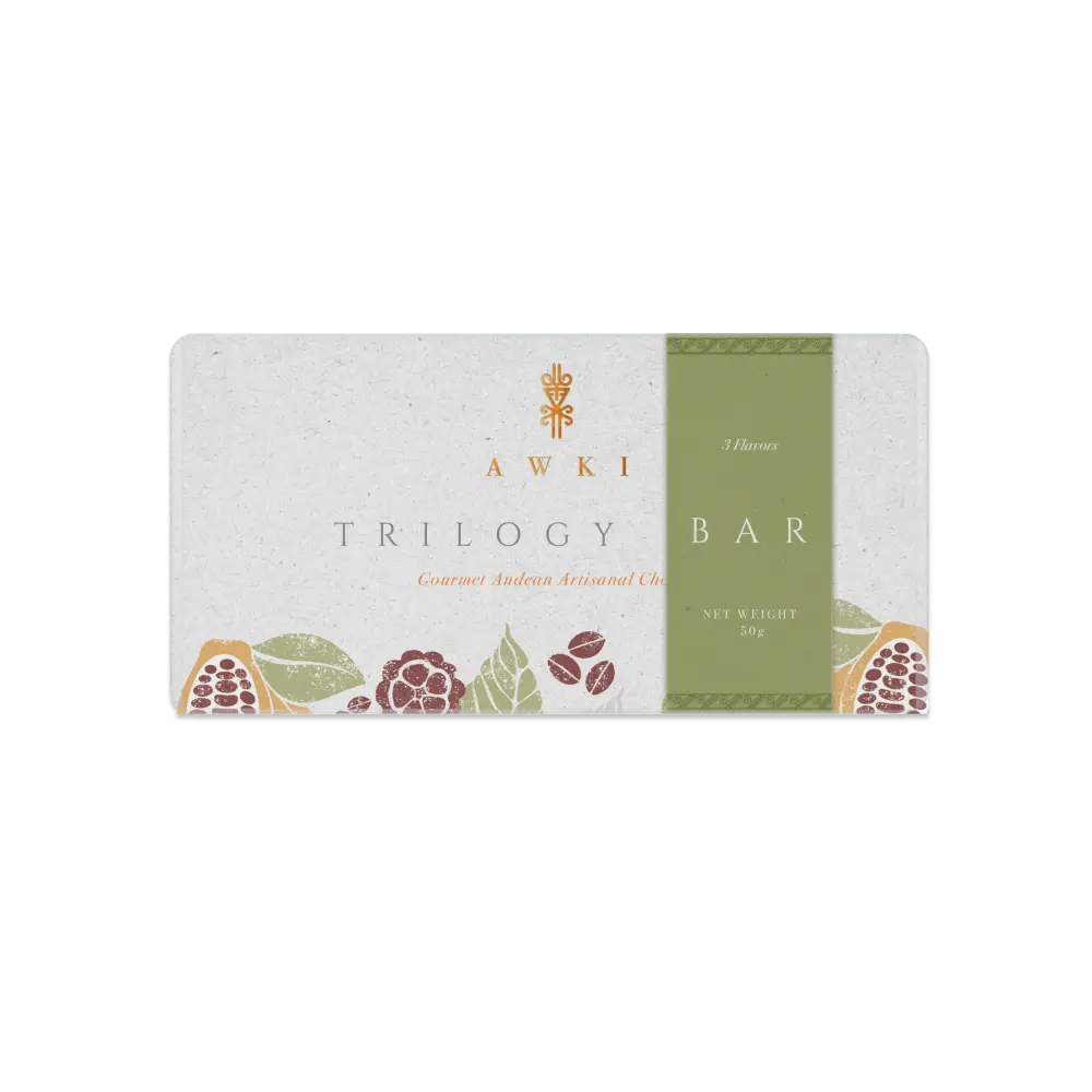 Front view of Awki Trilogy Bar packaging with green label and Andean-inspired cacao illustrations, 50g gourmet artisanal chocolate