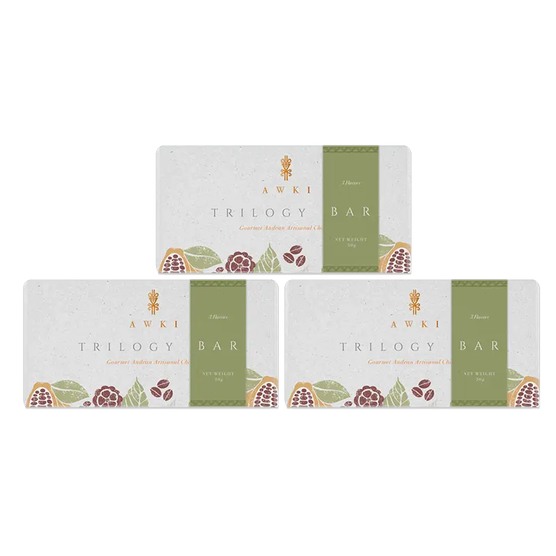 Three-pack of Awki Trilogy chocolate bars made with artisanal Andean cacao, each 50g, wrapped in minimalist eco-friendly packaging